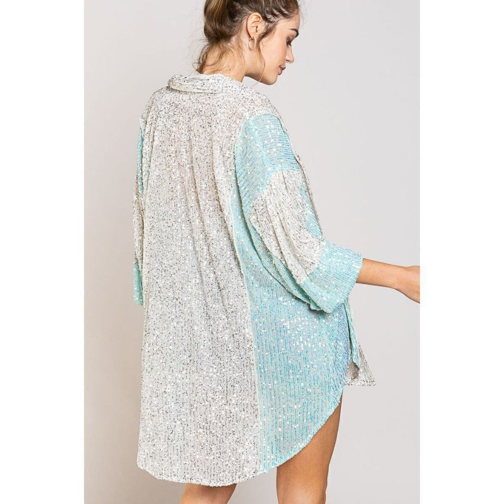 SALE! POL CLOTHING Sequin Block Sleeve Button Up Top in White and Aqua SMT2045 - Picture 7 of 7